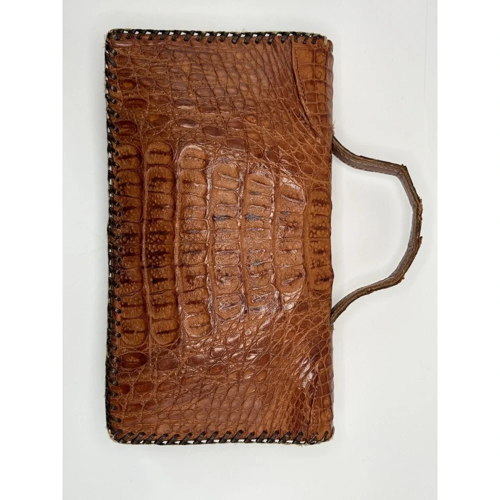 Vintage Genuine Alligator Handbag Made in Cuba Brown Exotic Leather Whipstitch